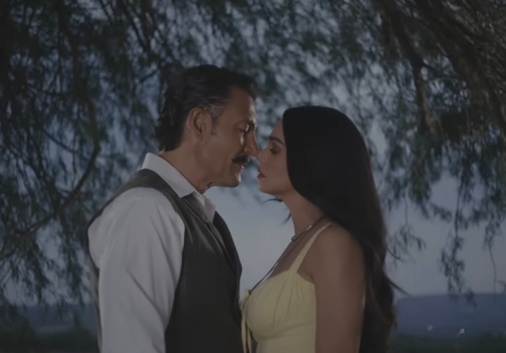 Una escena romántica de la telenovela _Los hilos del pasado_ donde dos protagonistas se miran afectuosamente bajo un árbol al atardecer.