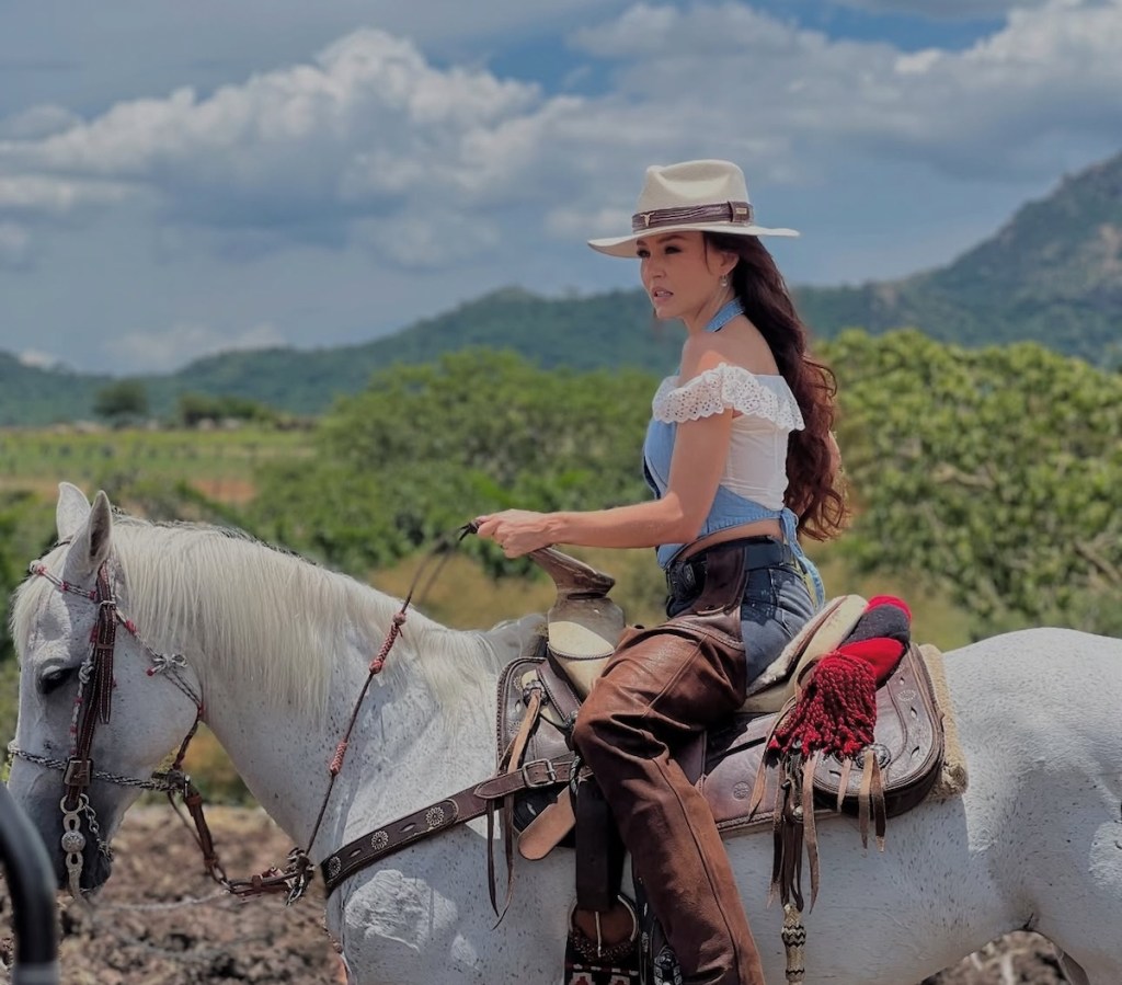Mujer montando un caballo blanco en un paisaje montañoso, vestida con una blusa de crochet y pantalones de cuero, mirando hacia el horizonte.