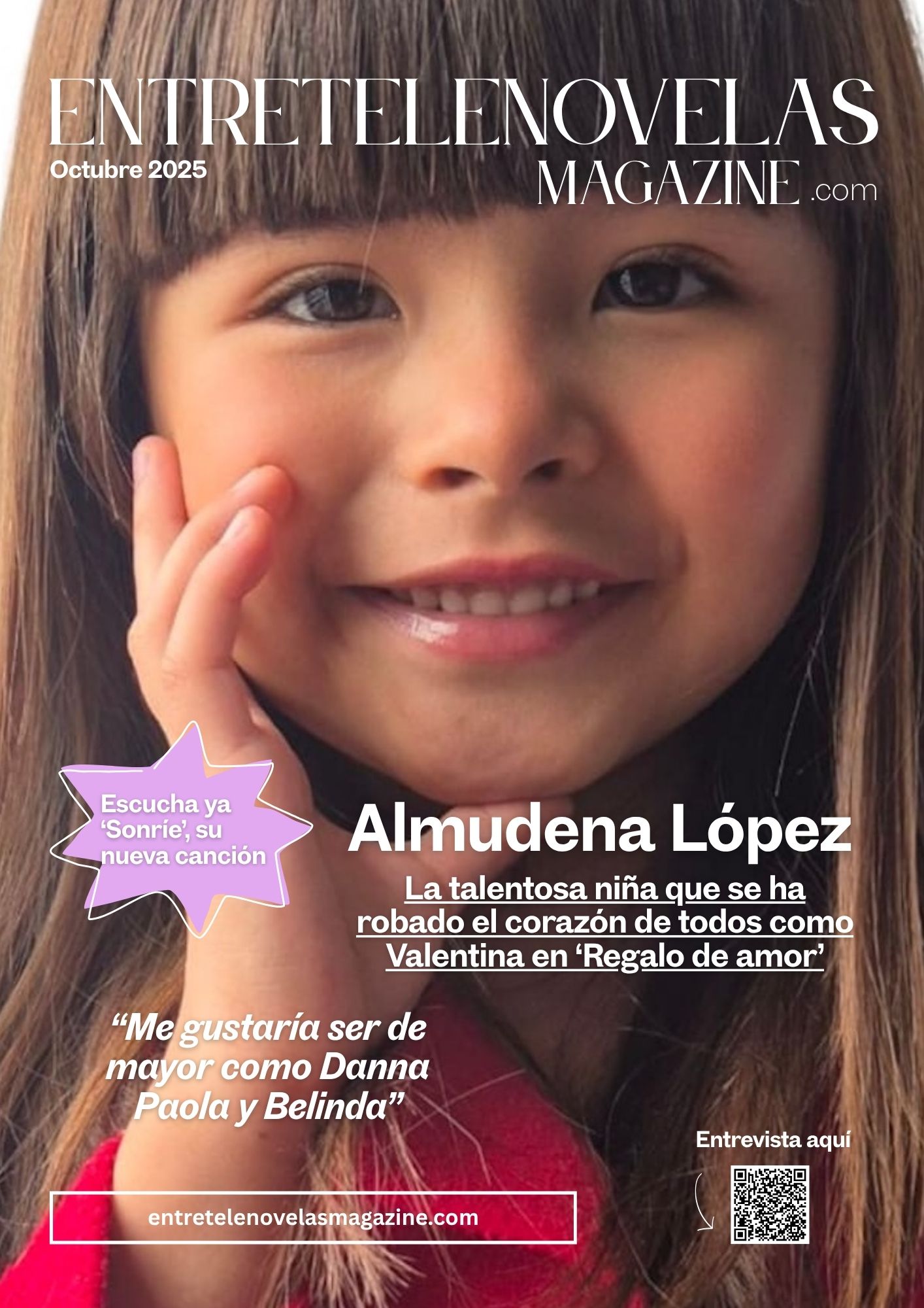 Portada de octubre 2025 de Entretelenovelas Magazine con Almudena López, una niña talentosa sonriente con cabello largo, anunciando su nueva canción 'Sonríe'.