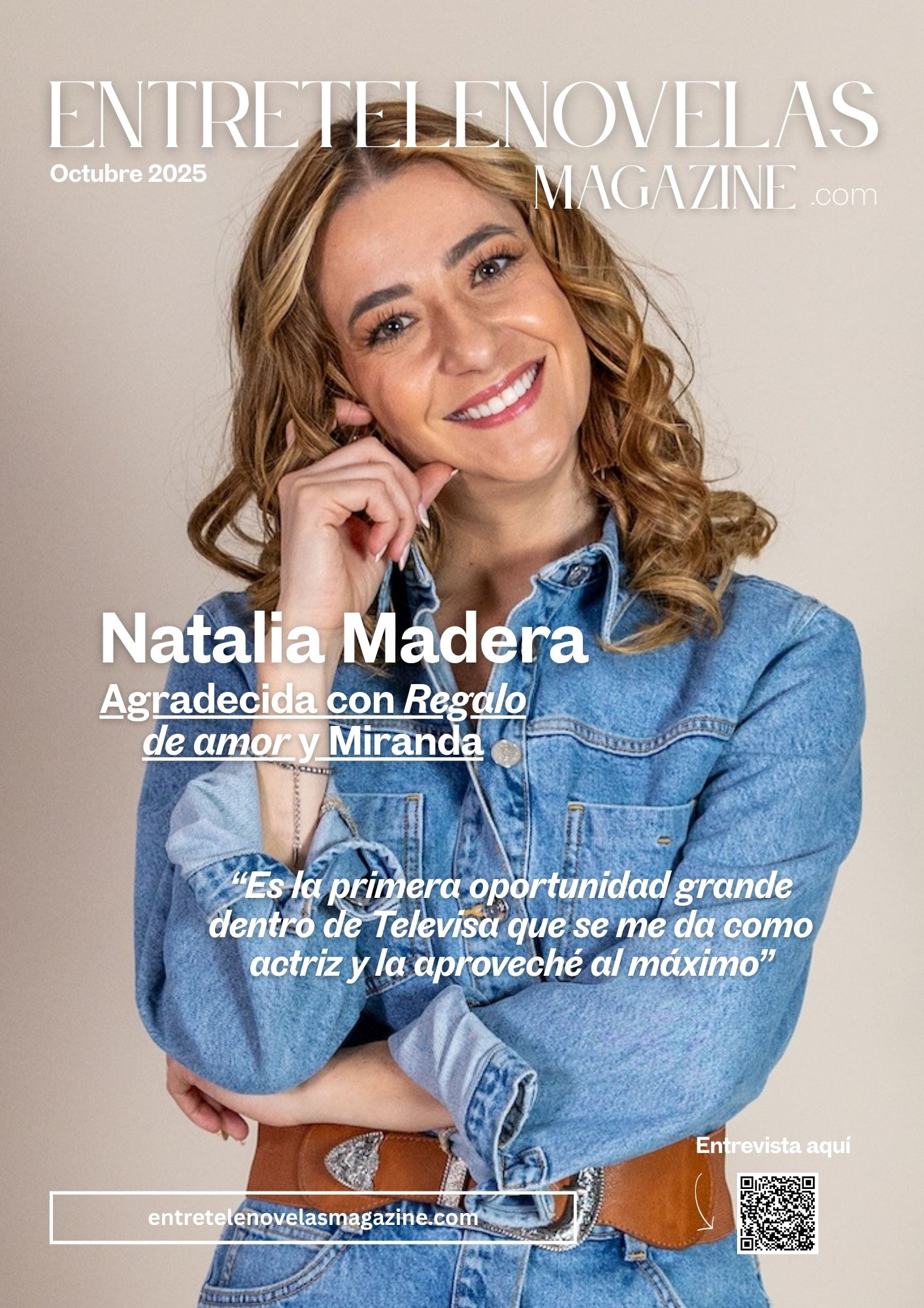 Portada de octubre 2025 de Entretelenovelas Magazine con Natalia Madera sonriendo, vistiendo una chaqueta de mezclilla, sobre un fondo claro.