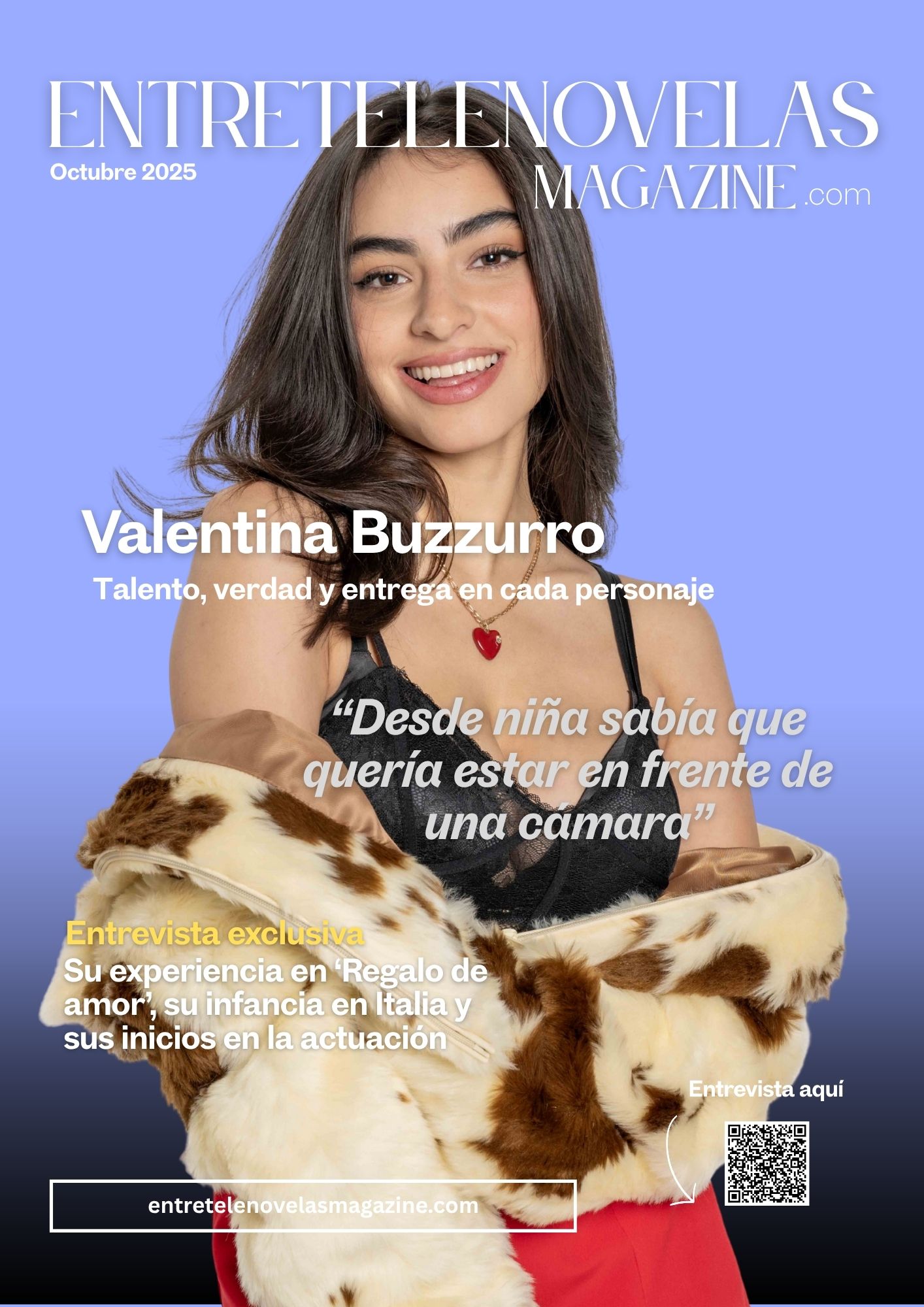 Portada de Entretelenovelas Magazine de octubre de 2025 con Valentina Buzzurro sonriendo, vestida con una blusa negra y un abrigo de piel claro. El fondo es de color azul claro.
