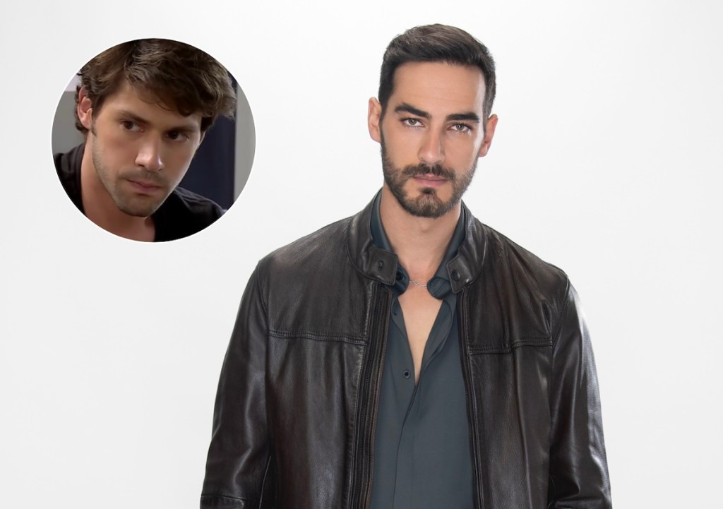 Retrato de un actor en primer plano, luciendo una chaqueta de cuero negra y una camisa de color gris oscuro, con un fondo blanco. En la esquina, una imagen más pequeña de otro hombre con una expresión seria.